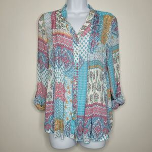 Ruby Rd boho button front roll tab sleeves mix print patchwork size small